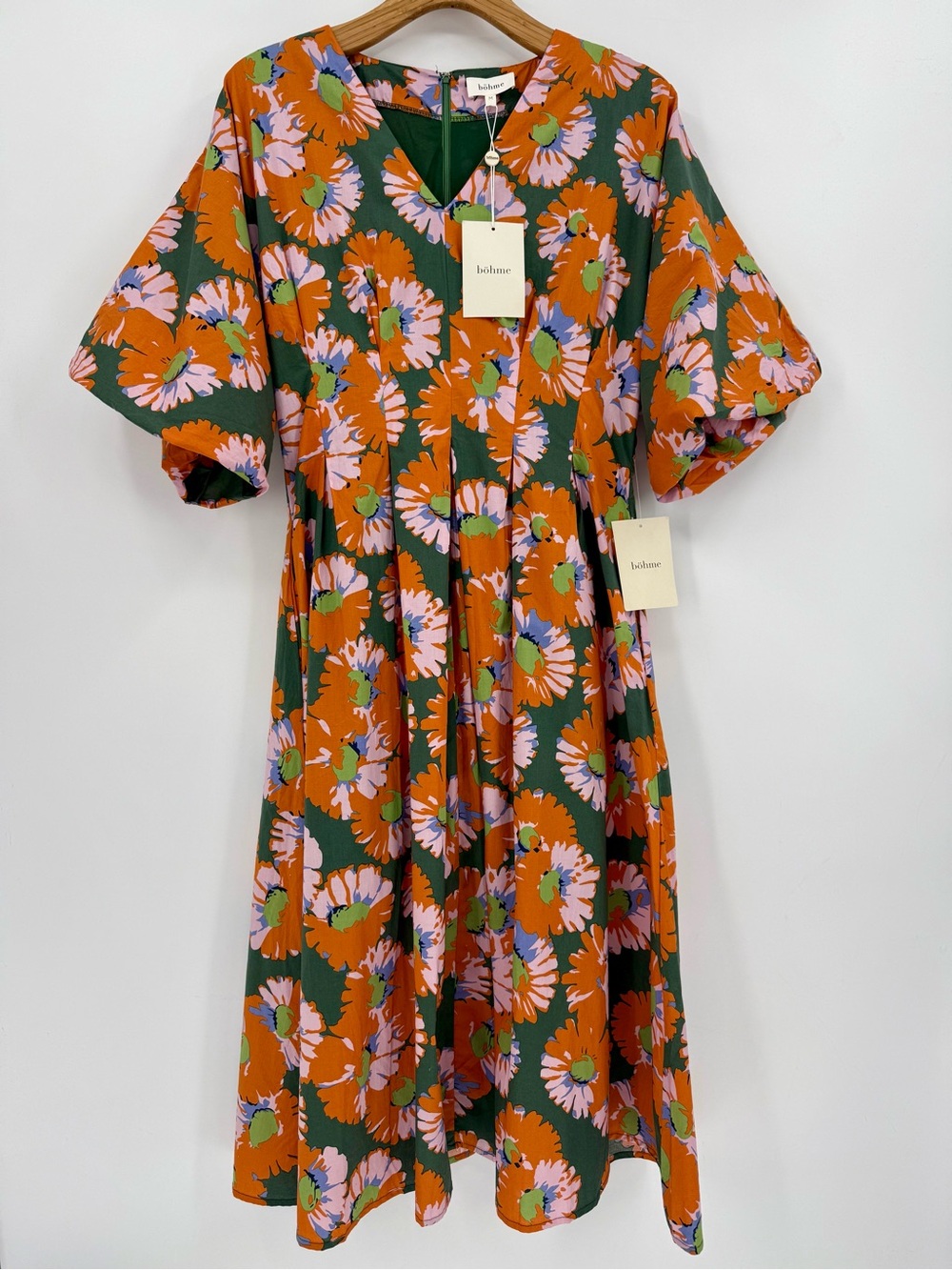 Bohme Floral Puff Sileve Fit & Flare Midi Dress with Pockets Size M